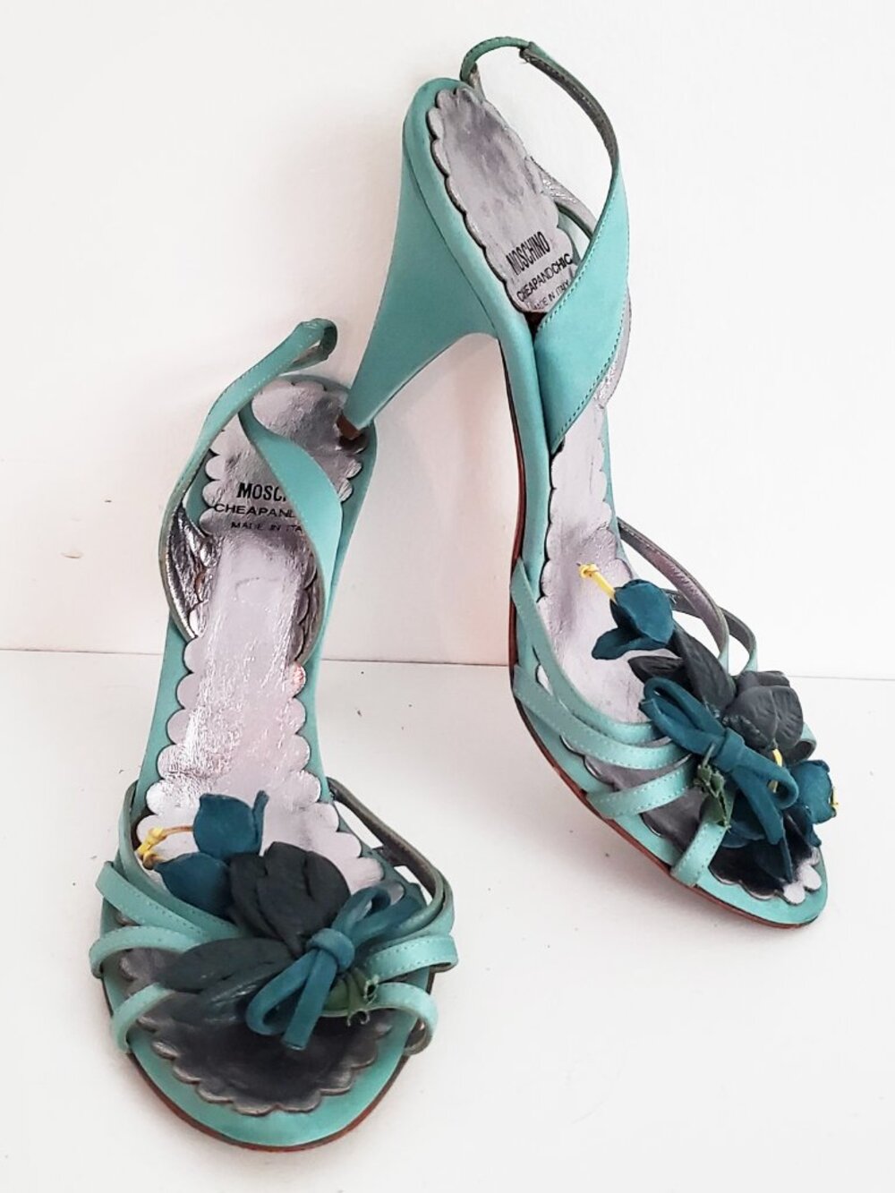 Moschino Teal Satin Leather Floral Applique Slingback Heel Size EU 38